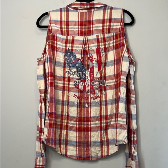 NWT Harley Davidson Women's Red and White Plaid Cold Shoulder Button Down Shirt - Picture 6 of 7